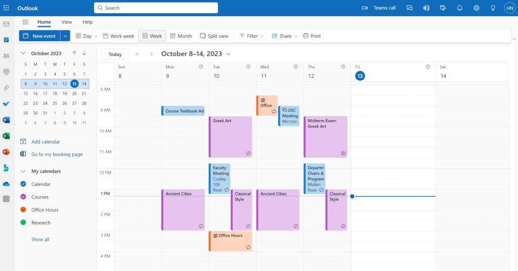 A screenshot of calendar in Microsoft Outlook.